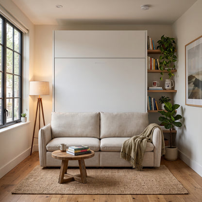Panel Mosaic Murphy Bed in Opal white finish folds over champagne couch in a room | Opal White - Champagne