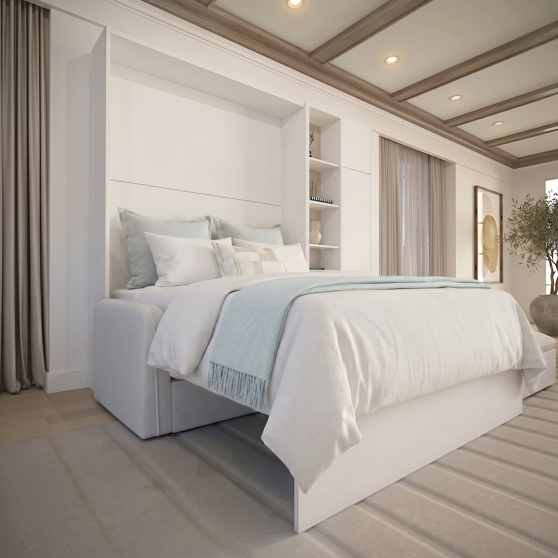 Panel Murphy Bed opened over Mosaic Sectional Couch | Opal White