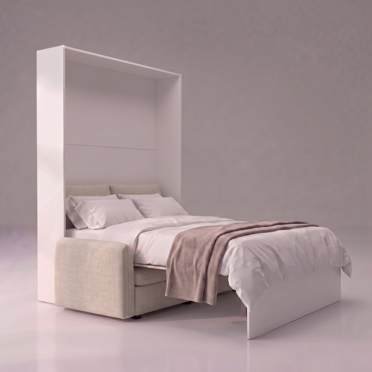 Queen murphy bed with unique fold system over couch | Opal White - Champagne