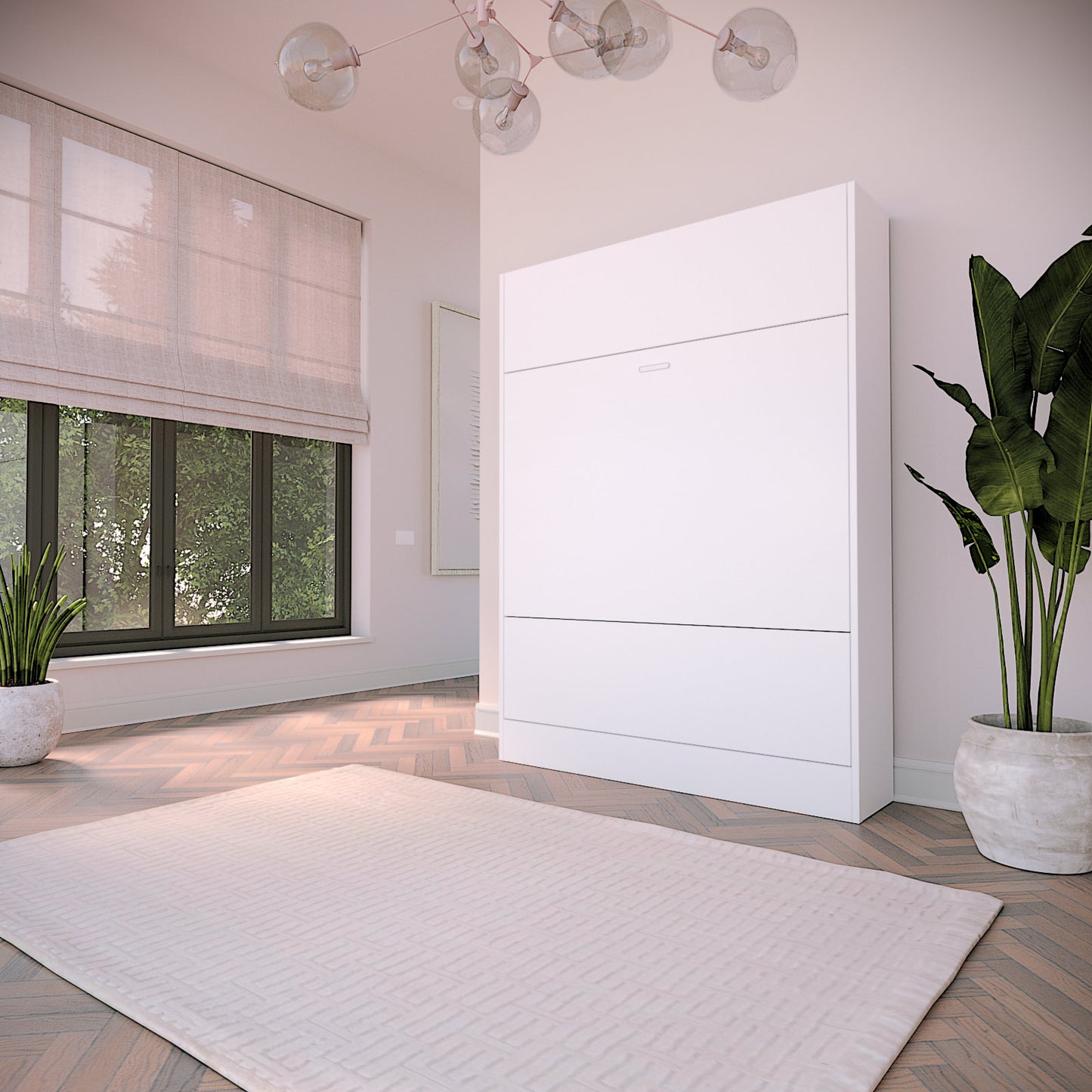 White Panel Murphy Bed with wood floors and modern room setting