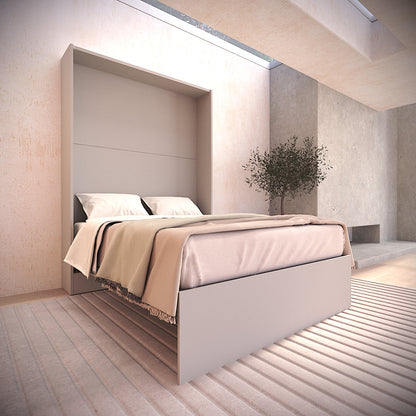 Panel Murphy Bed in Dune Taupe opened to expanded space with queen bed