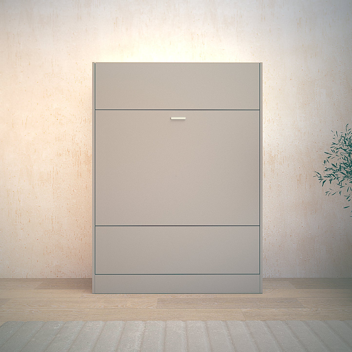 Taupe Dune color Murphy Bed in sand beige room with striking lines on the bed