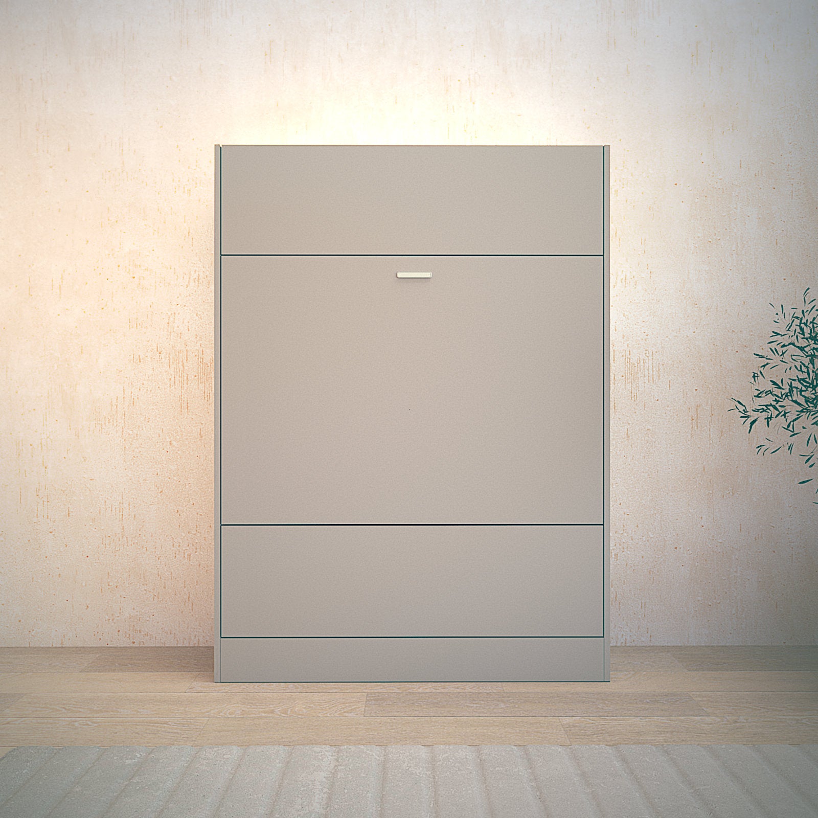 Taupe Dune color Murphy Bed in sand beige room with striking lines on the bed