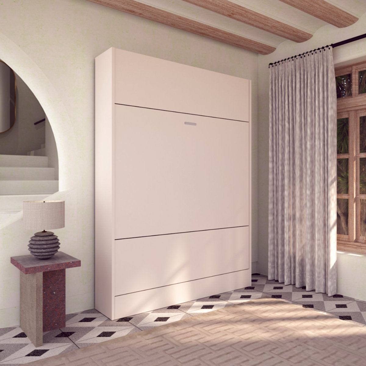 Closed Panel Murphy Bed in corner of a trendy home
