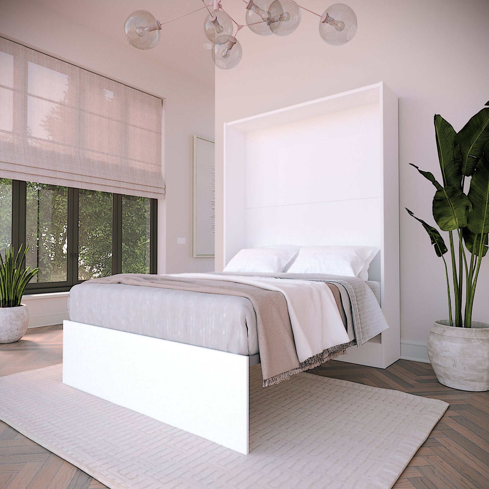 Opened white panel murphy bed showing unique face leg rest and mattress open
