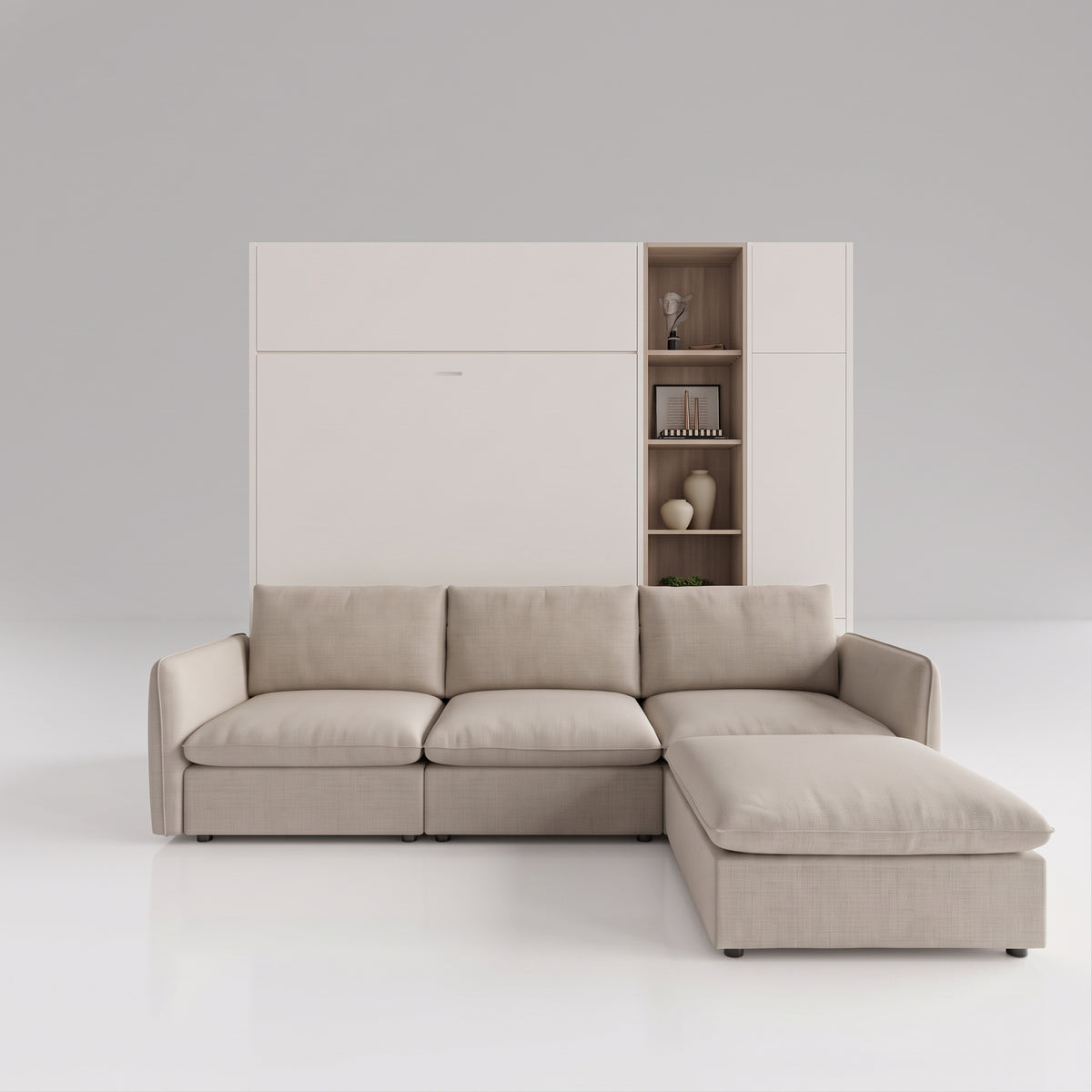 Panel mosaic Murphy wall bed can fold over top of sectional champagne sofa | Opal White