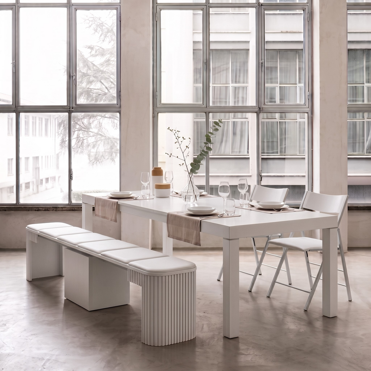 Pillar Table in with scatola curve extending bench and nano chairs in a home - glossy white