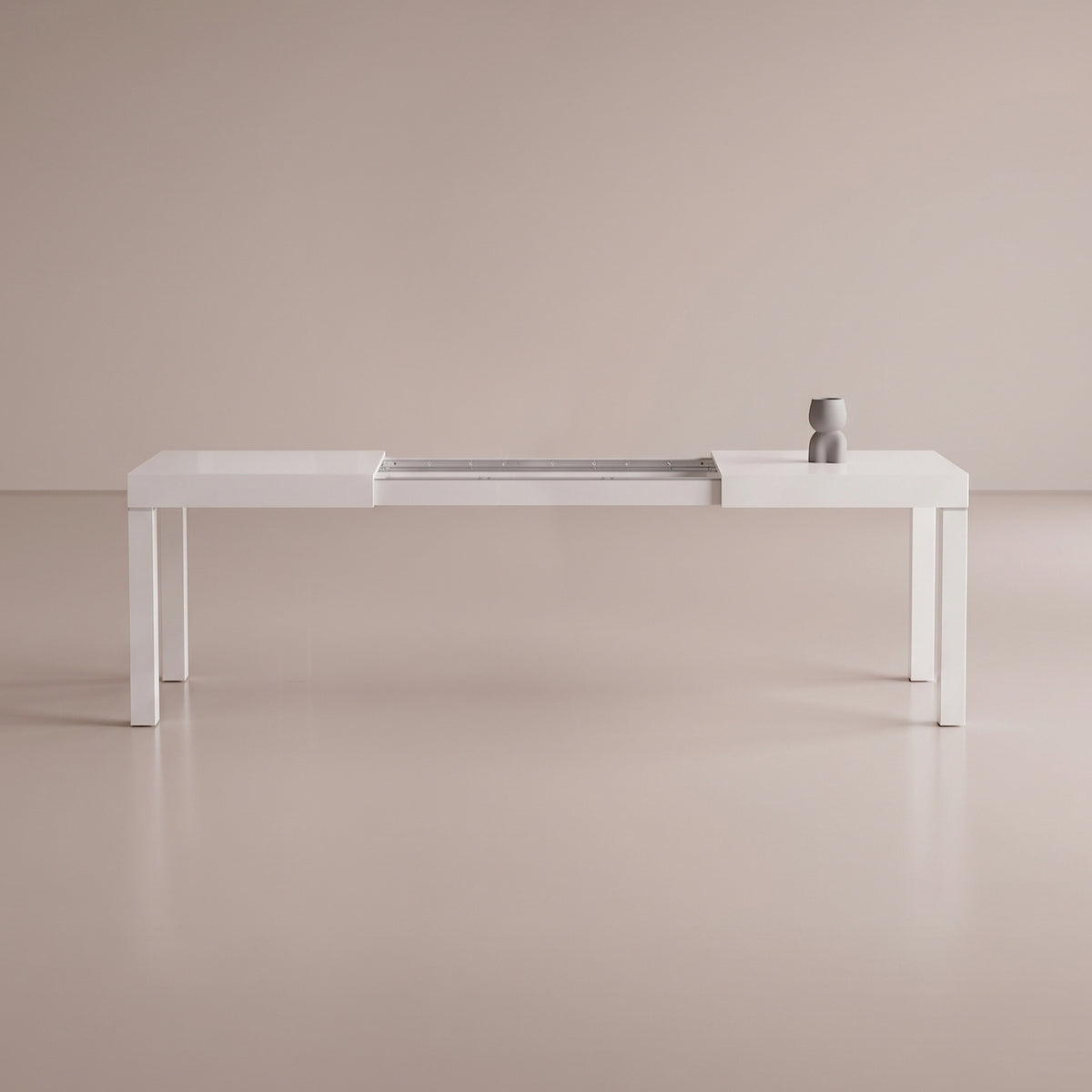 Pillar table extended open for leaf storage in the table - glossy white