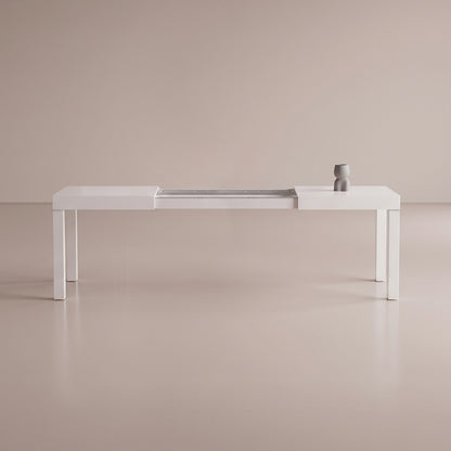 Pillar table extended open for leaf storage in the table - glossy white