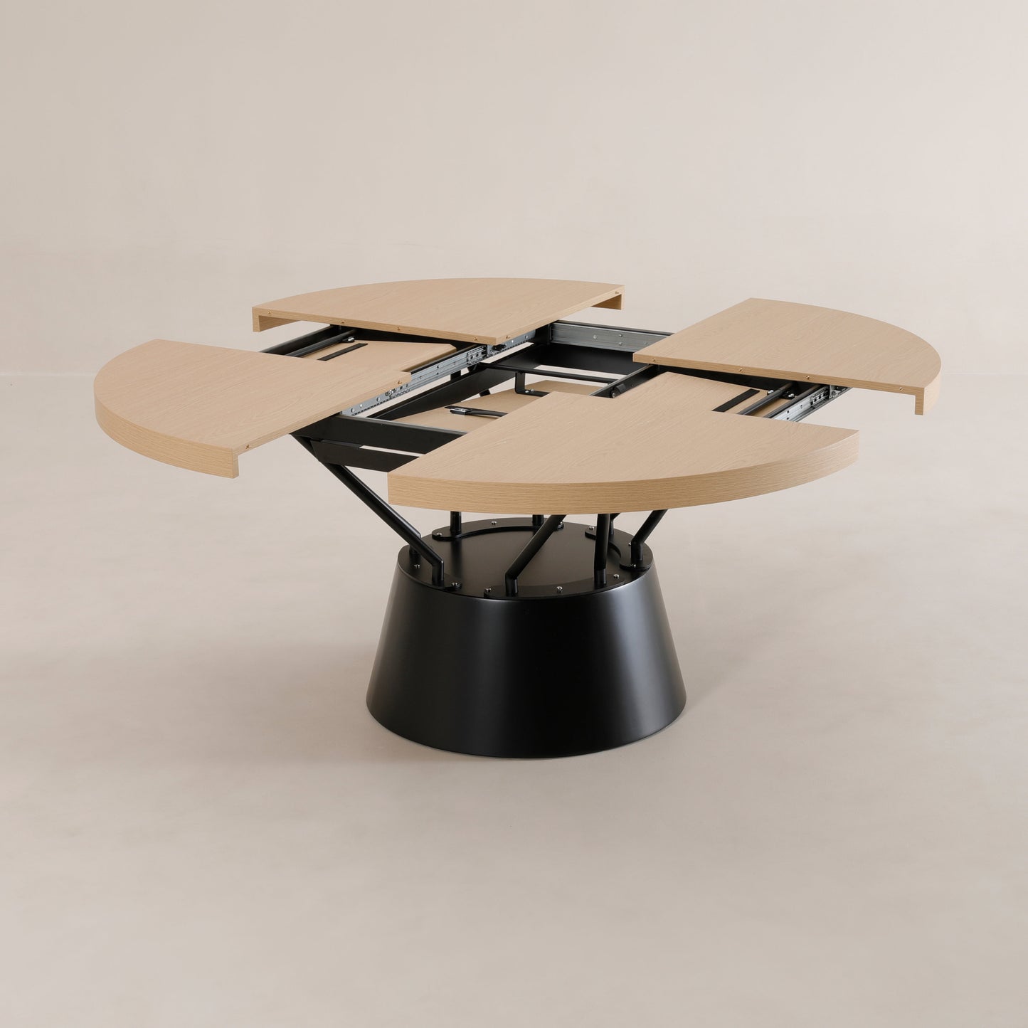Radial round expanding pedestal table in wood with metal | Champagne Ash