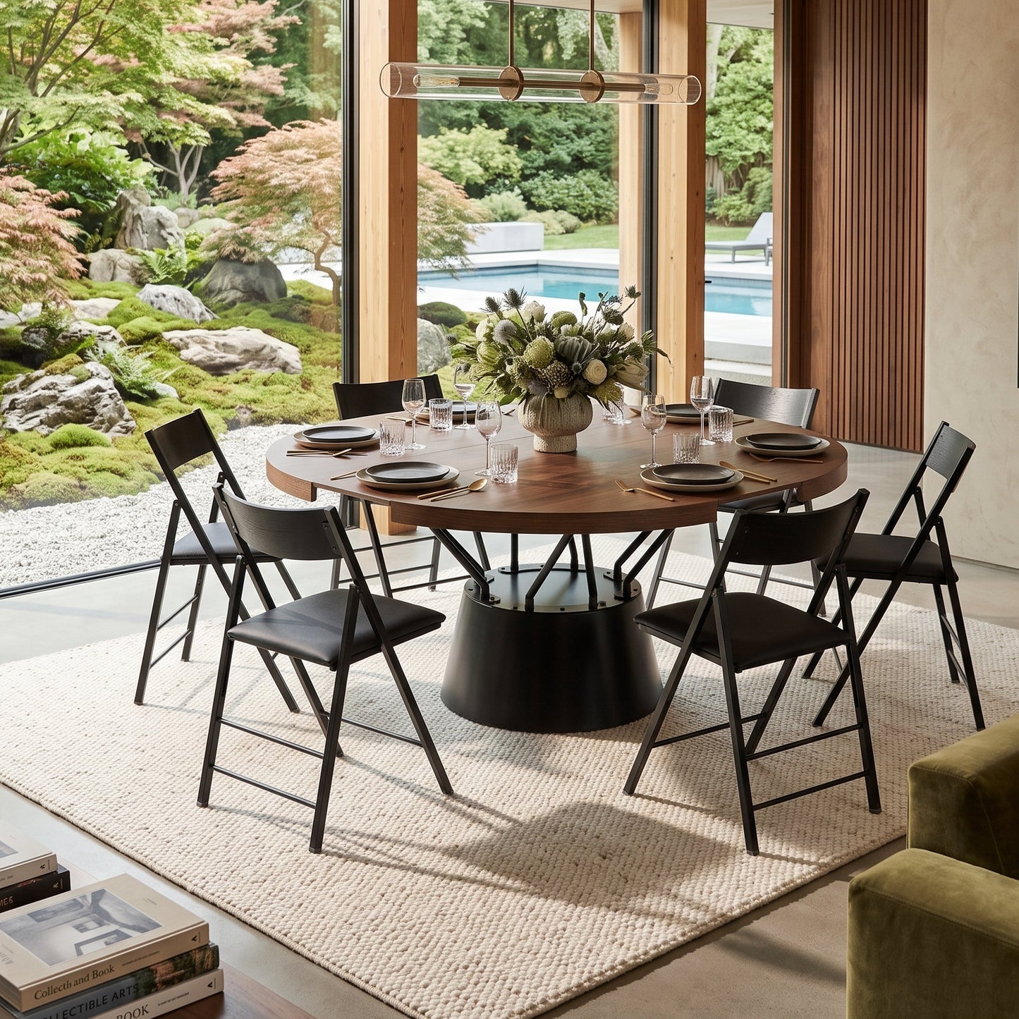 Radial round table with dual extensions with nano chairs | Chocolate Walnut
