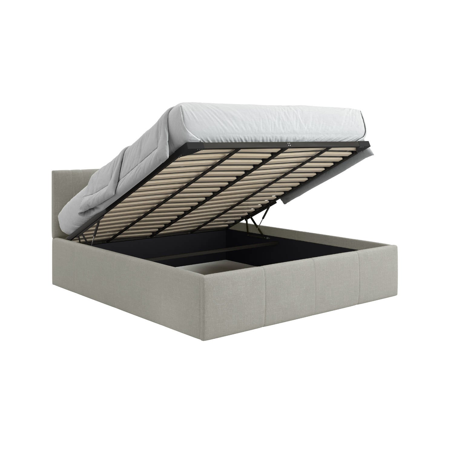 Reveal-King-under-storage-bed-with-deep-extra-large-storage-and-king-mattress-on-top-in-sand-beige-fabric