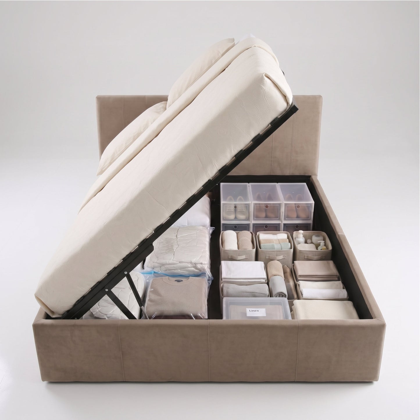 Reveal Taupe Queen size lift storage bed opened with Stored goods | Taupe
