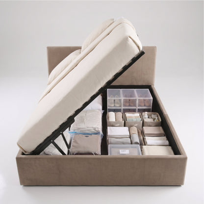 Reveal Taupe Queen size lift storage bed opened with Stored goods | Taupe