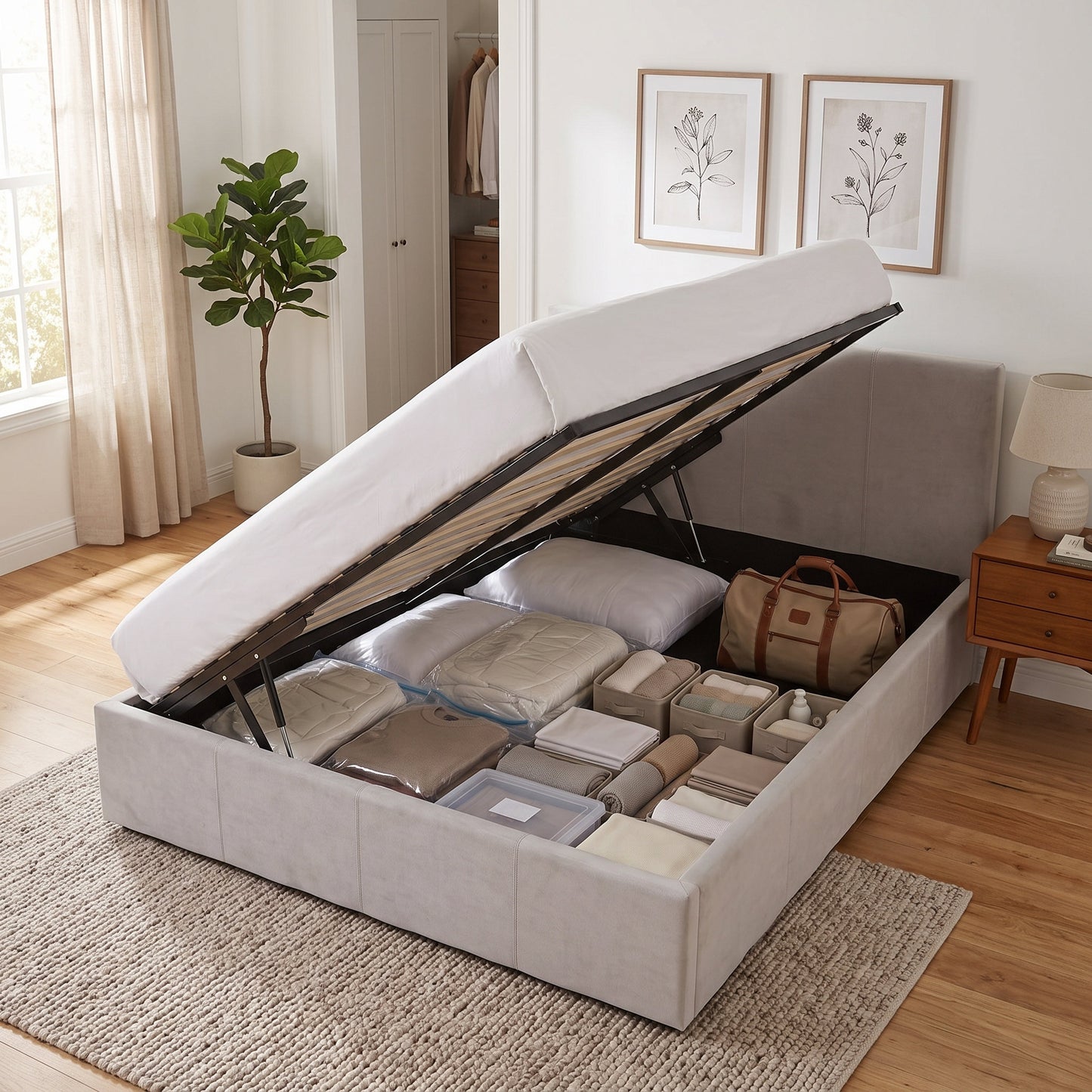 Reveal Queen lift storage bed open from the side with huge storage in a modern home | Light Elephant Grey