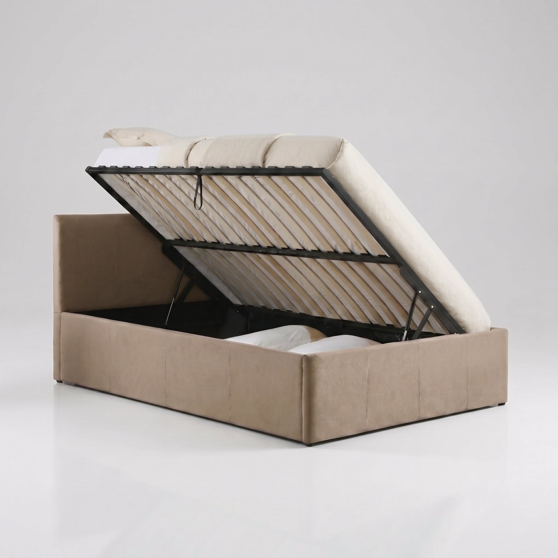 Reveal Side opening lift storage bed opened | Taupe