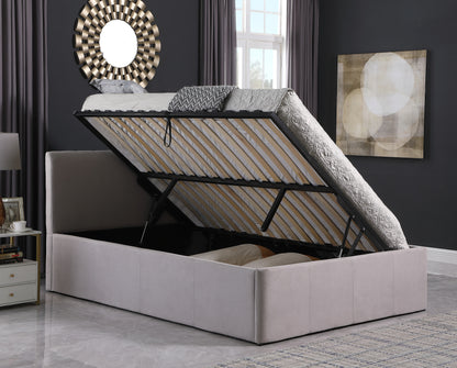 Gray upholstered bed with storage compartment in a modern bedroom setting.