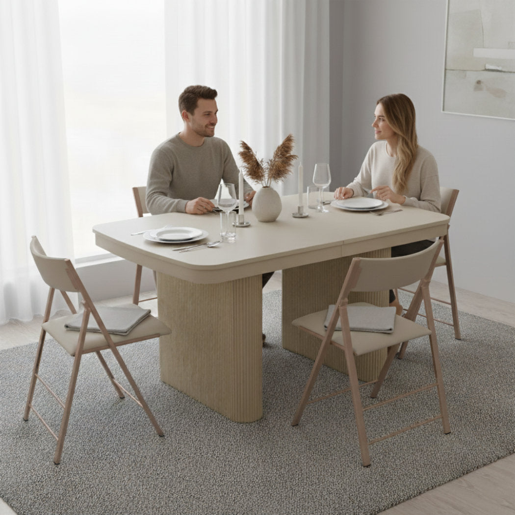 riveni modern curved fluted extending rectangular table in a sand color