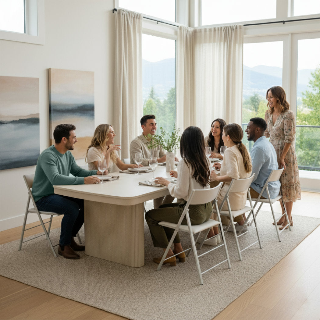Riveni curved fluted table extended for dinner with a group of friends