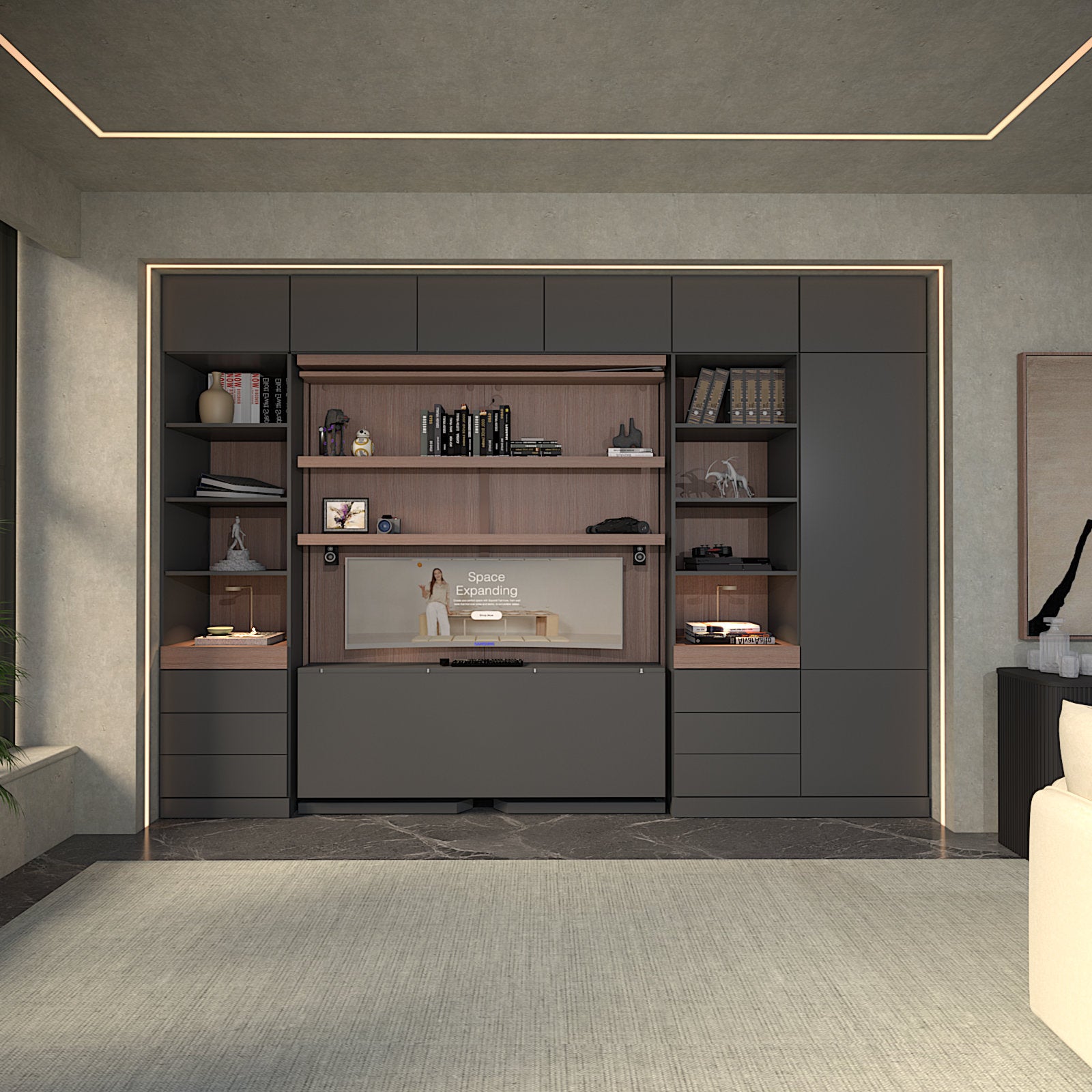 Rotating Murphy Bed with Grey and Wood tones for Modern Computer Monitor Office
