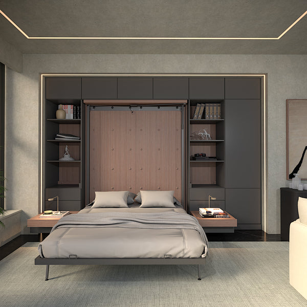 Modern bedroom with a Rotating Murphy bed and built-in shelves. Grey and Wood tones