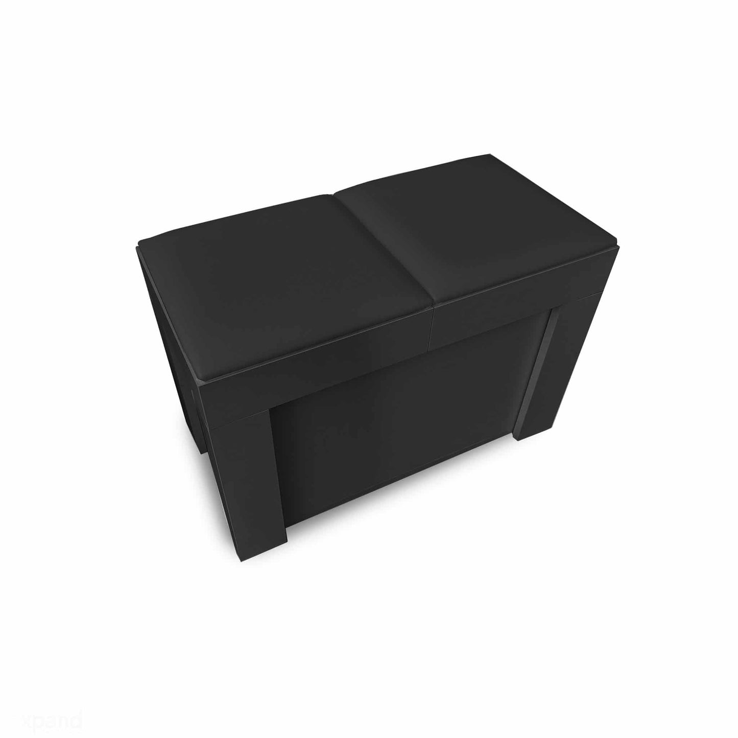 Scatola-expanding-bench-in-all-black-with-padded-seat-that-sits-7+-people