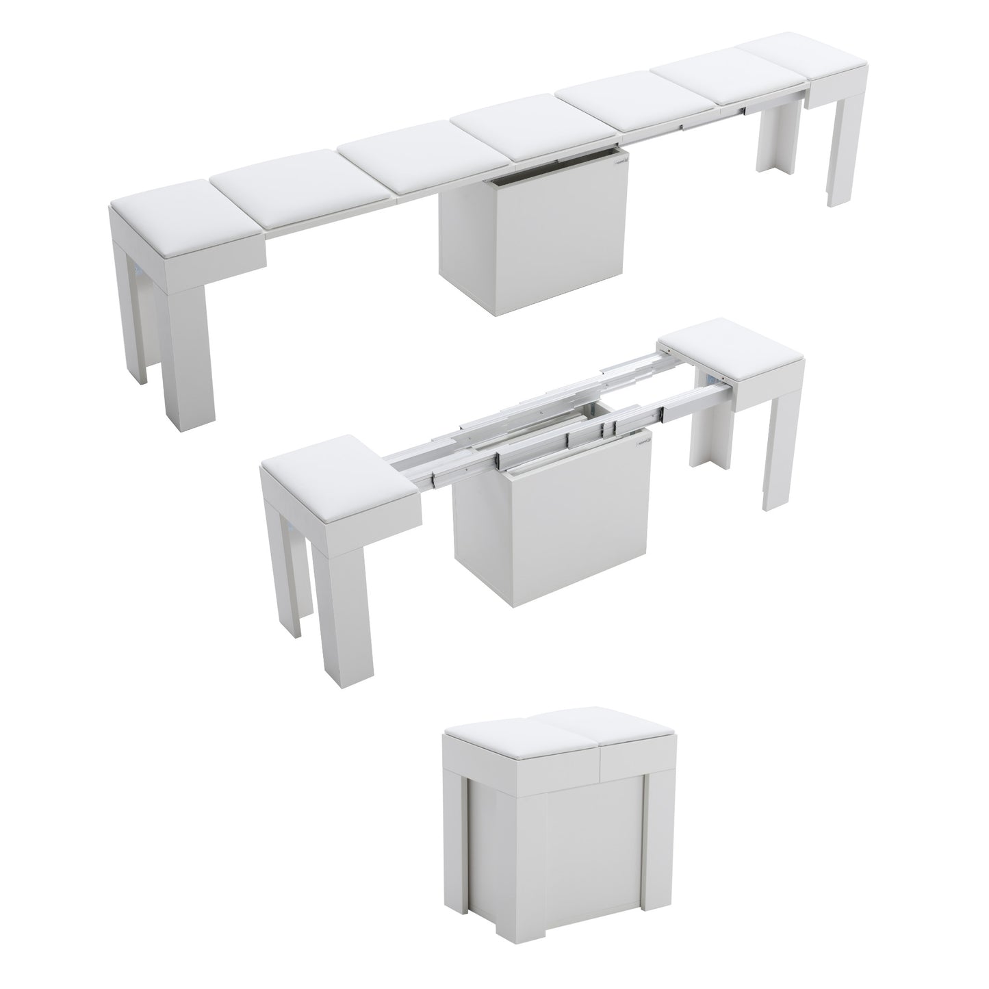 Scatola mini expanding extending seats for 5 in white with soft padded seat