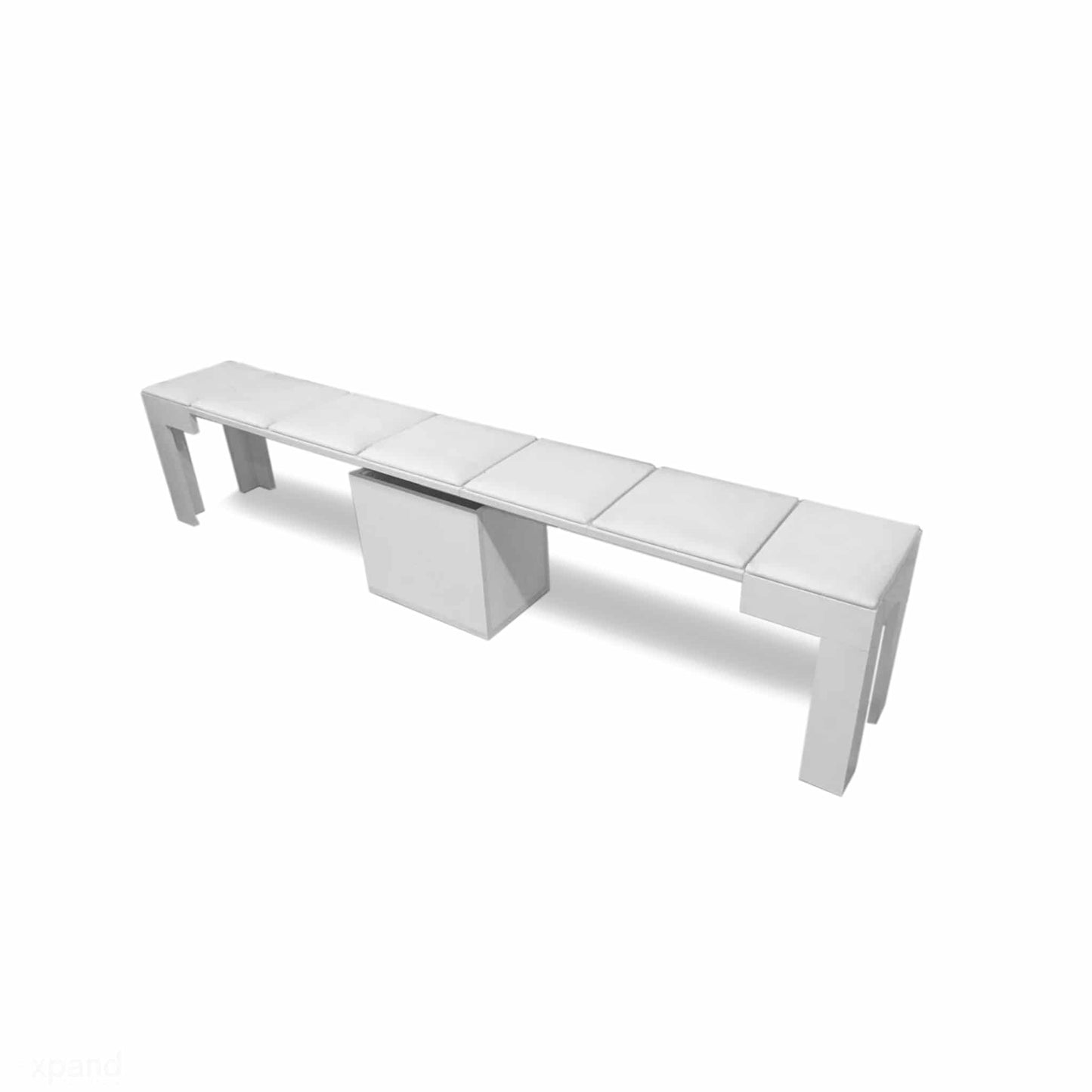 Scatola mini extends into large bench that seats 5 people and fits under a console - white with padded white seat