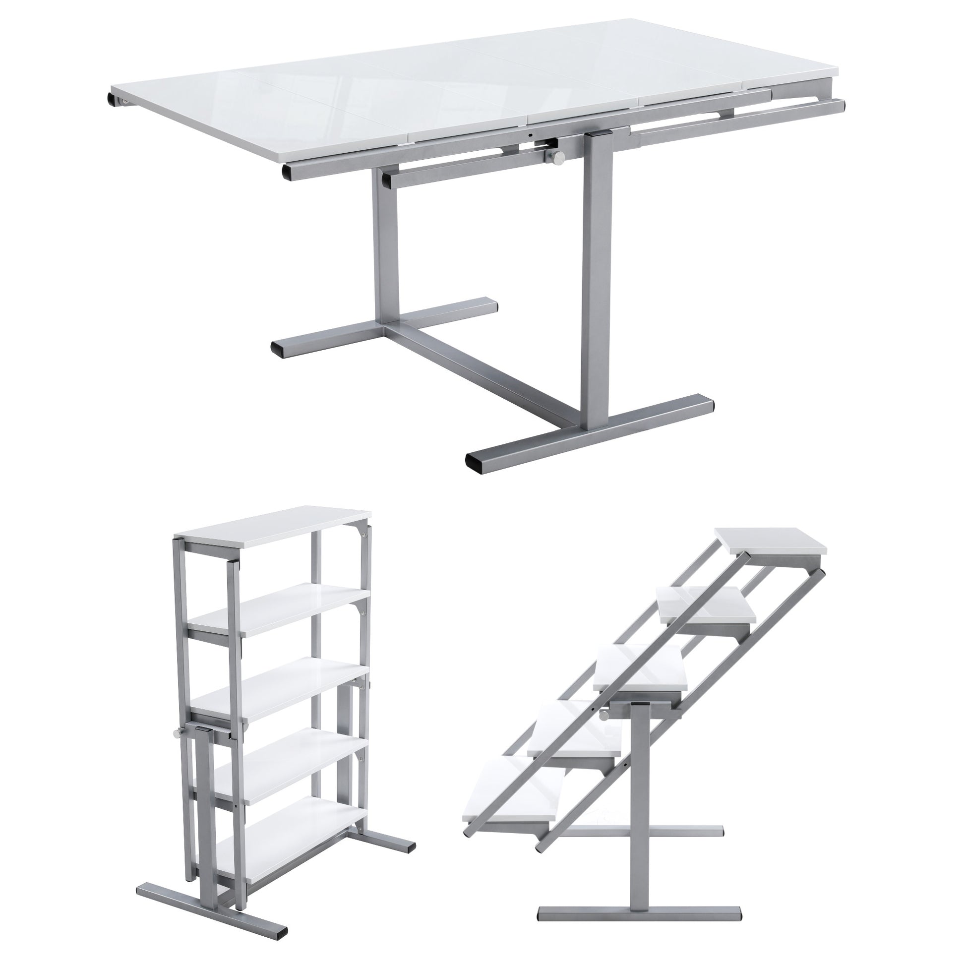 Shelf-Convertible-Table-in-white-gloss-and-silver