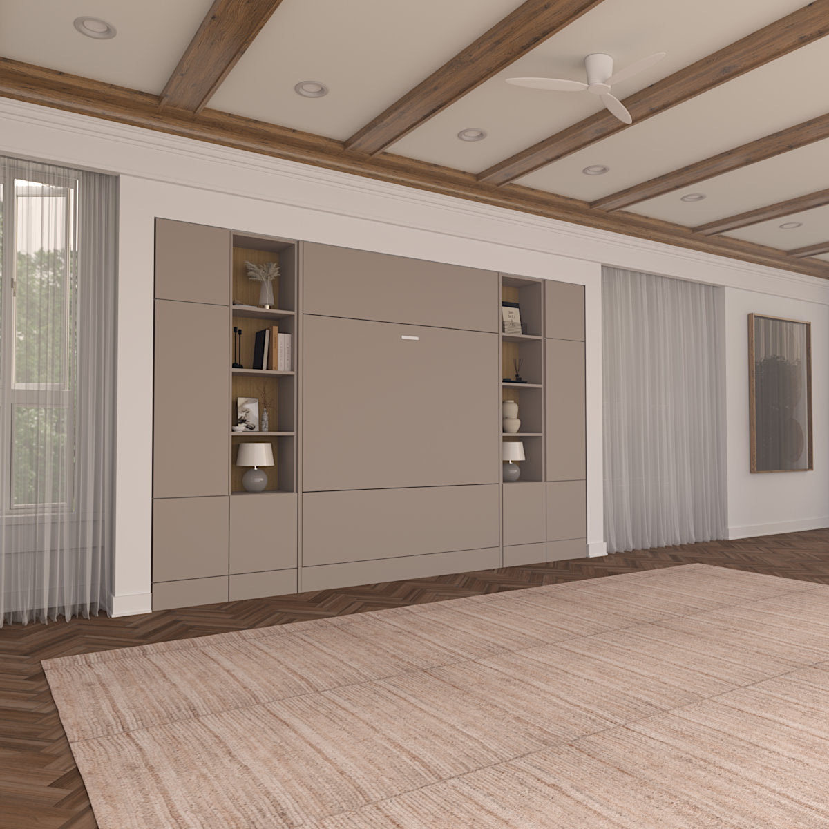 Taupe Panel Murph Bed closed to save space in modern room with built in modular cupboards