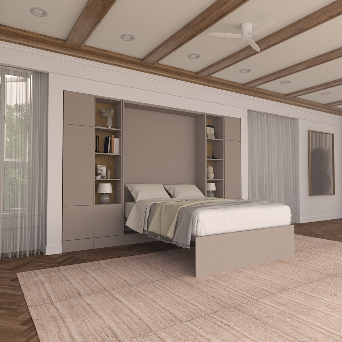 Unique opening Murphy Bed in warm trend room with taupe and wood elements