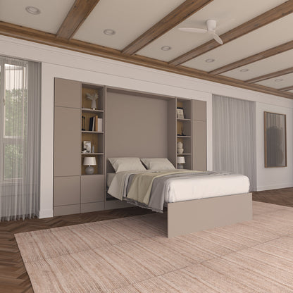 Unique opening Murphy Bed in warm trend room with taupe and wood elements