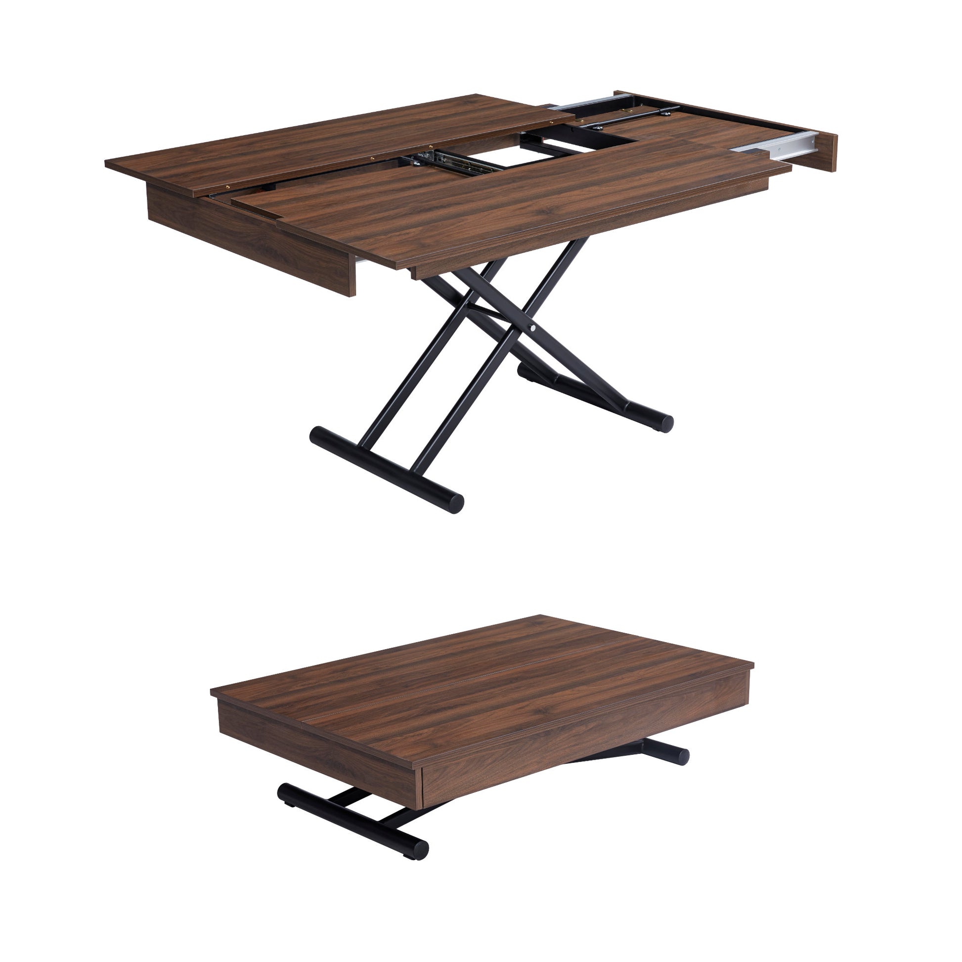 The divide convertible coffee table in walnut wood with black metal legs