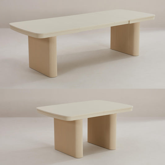 Modern light sand color curved rectangle table extends to a larger table