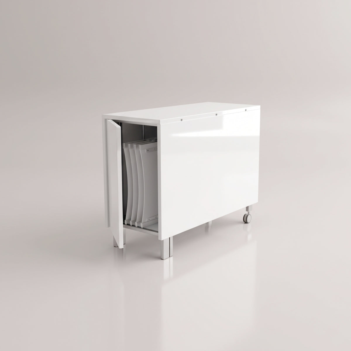 The Trojan Console partially opened to show the hidden storage for 4 chairs - Glossy White