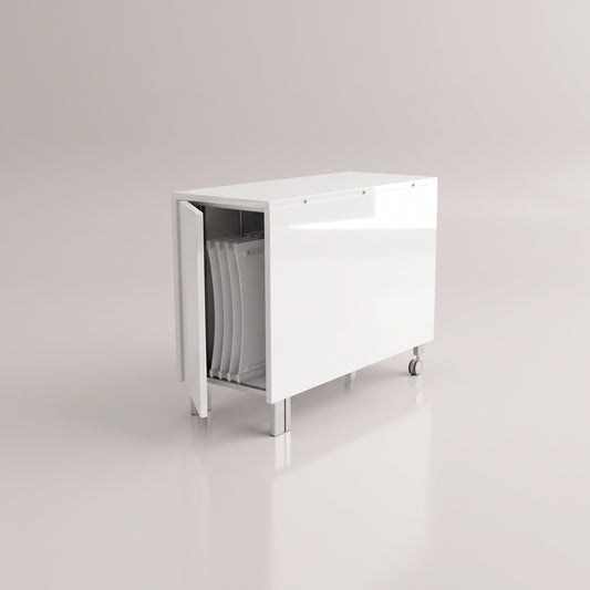 The Trojan Console partially opened to show the hidden storage for 4 chairs - Glossy White