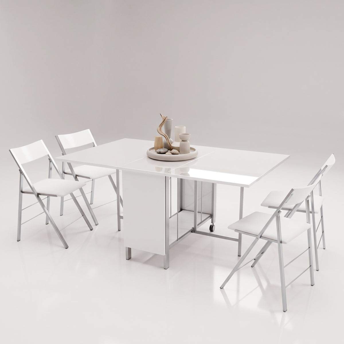 The Trojan tables with drop leaflets extended and showing storage with open chairs - Glossy White