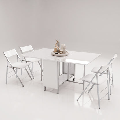 The Trojan tables with drop leaflets extended and showing storage with open chairs - Glossy White
