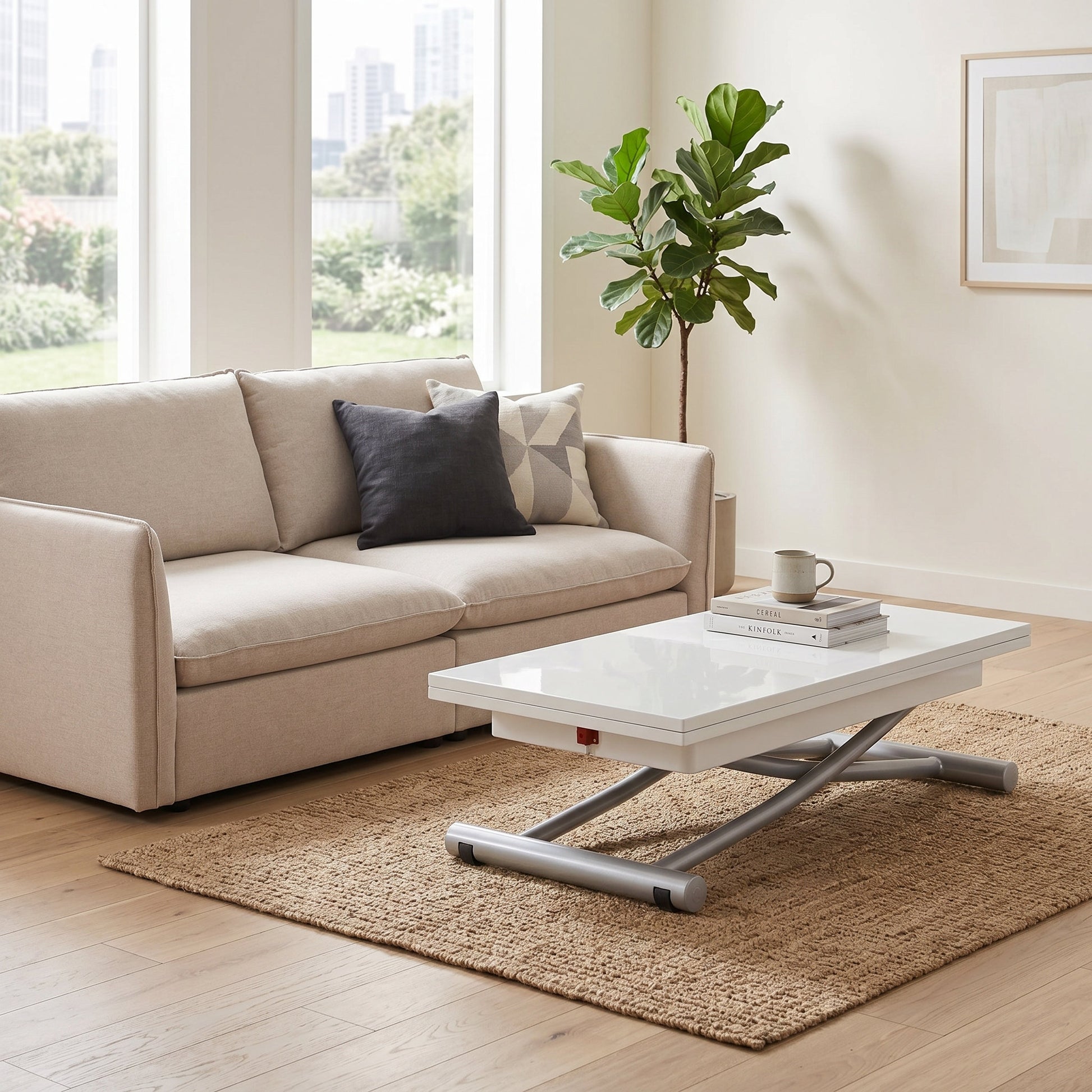 Tr4 height adjustable coffee table doubles in size | Glossy White