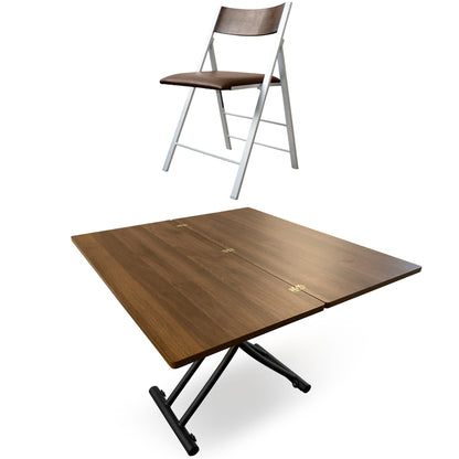 Transforming Table evolved v3 open in chocolate walnut color with walnut nano chairs