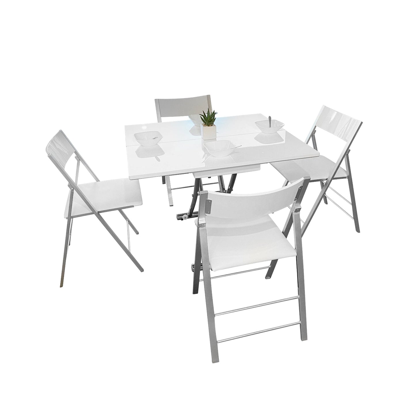 Transforming-Table-evolved-v3-open-in-white-gloss-color-with-white-nano-chairs-around-it