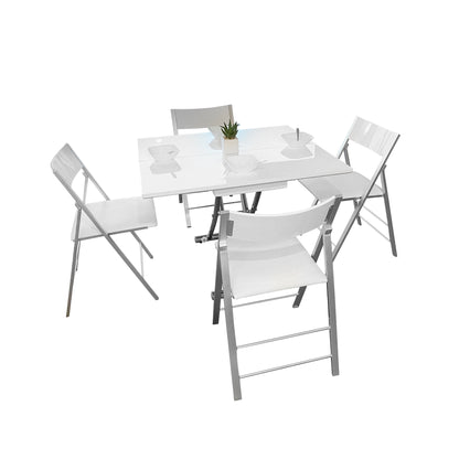 Transforming-Table-evolved-v3-open-in-white-gloss-color-with-white-nano-chairs-around-it