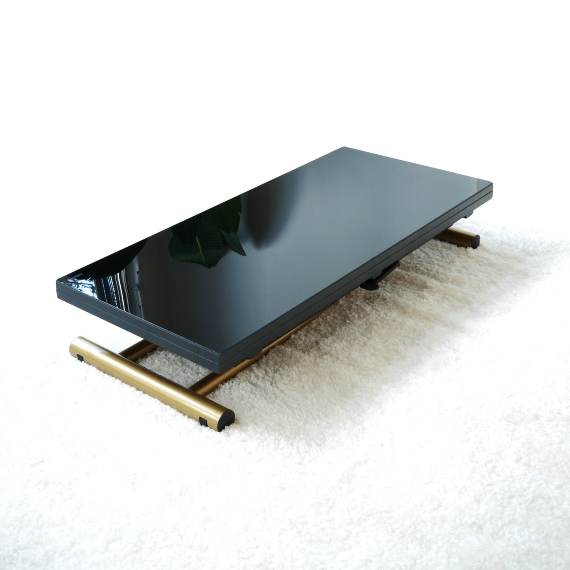 Transforming evolved v3 in black glass with gold legs and rounded corners