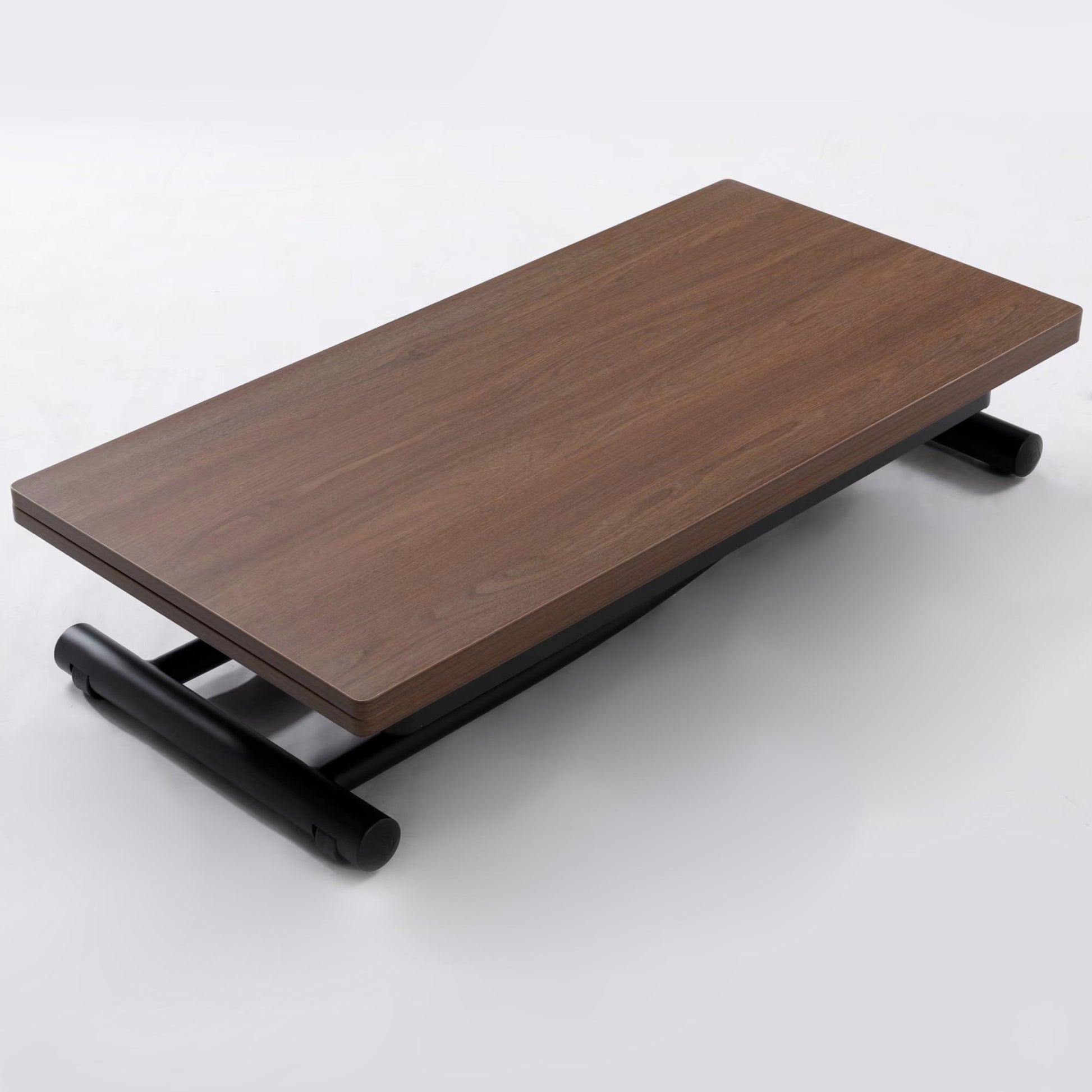 Low profile coffee transforming table in walnut can raise and double in size