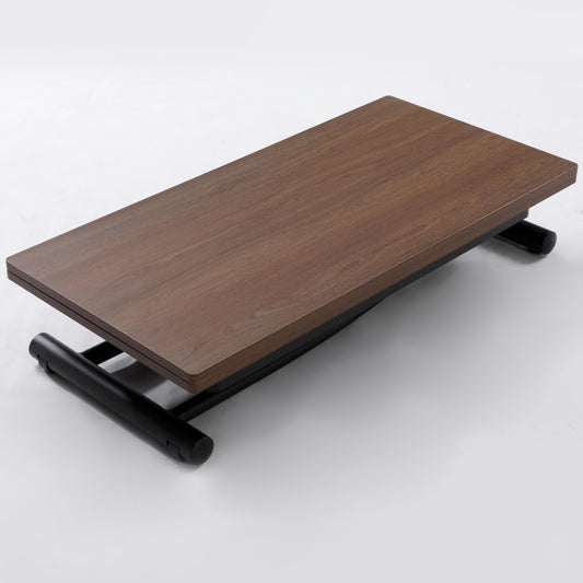 Low profile coffee transforming table in walnut can raise and double in size