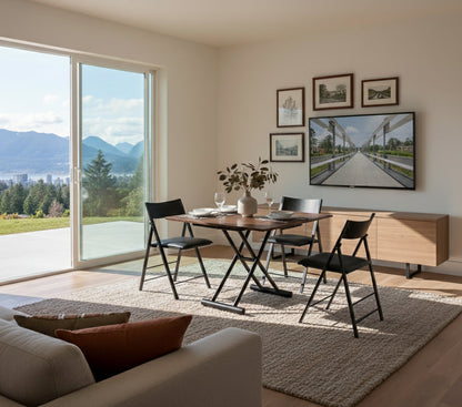 Transforming coffee to dinner table raised to dinner height with nano black chairs ready for dinner