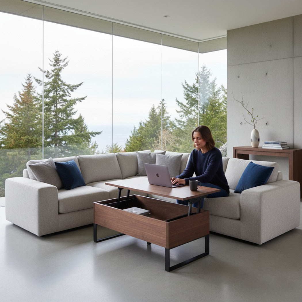 Coffee table with lift top in walnut at lap height over a sofa in a modern home