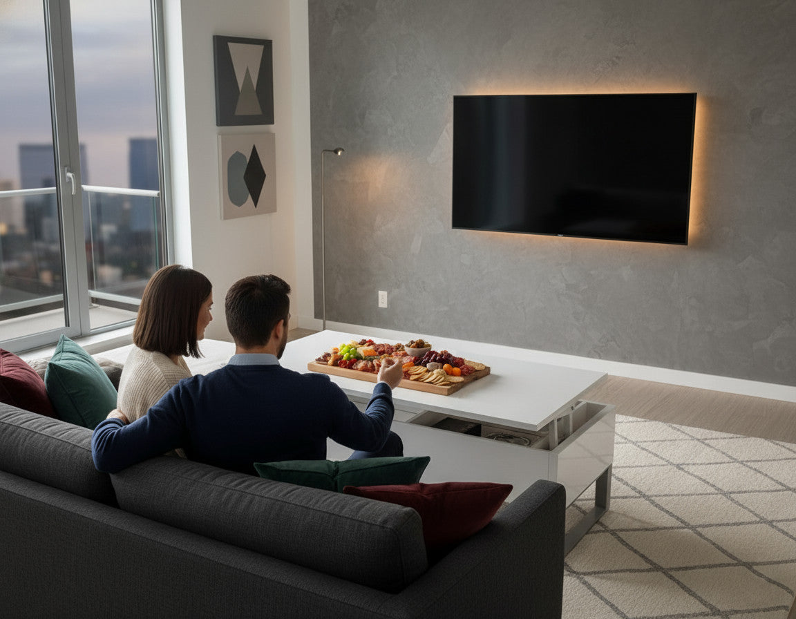 Trove Lift coffee table top opening towards couple at a sofa