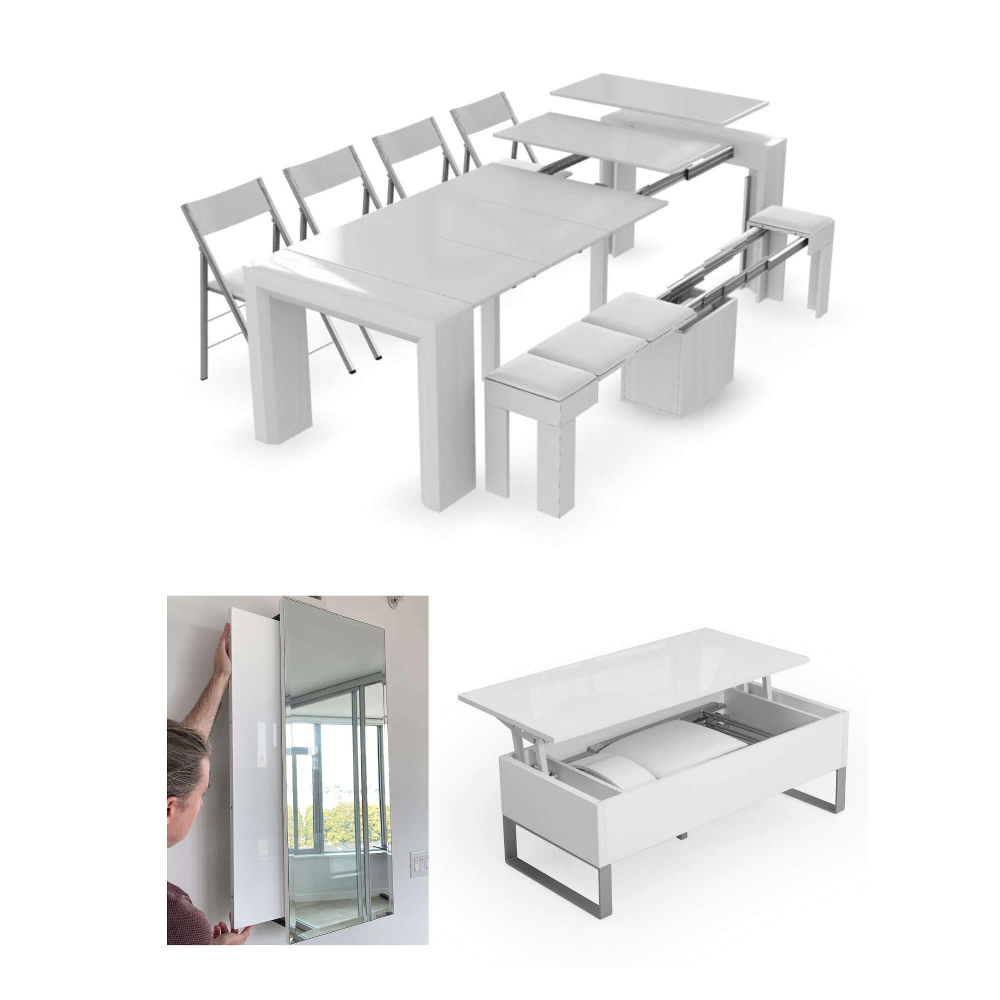 Ultimate Transforming Table dining set with storage for chairs and extensions - white gloss