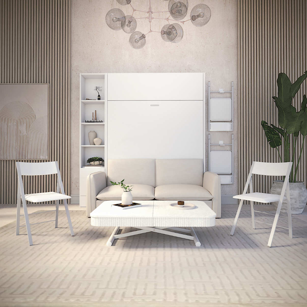 Panel Mosaic Murphy Bed Couch combination paired with Box Coffee transforming height table and folding chairs